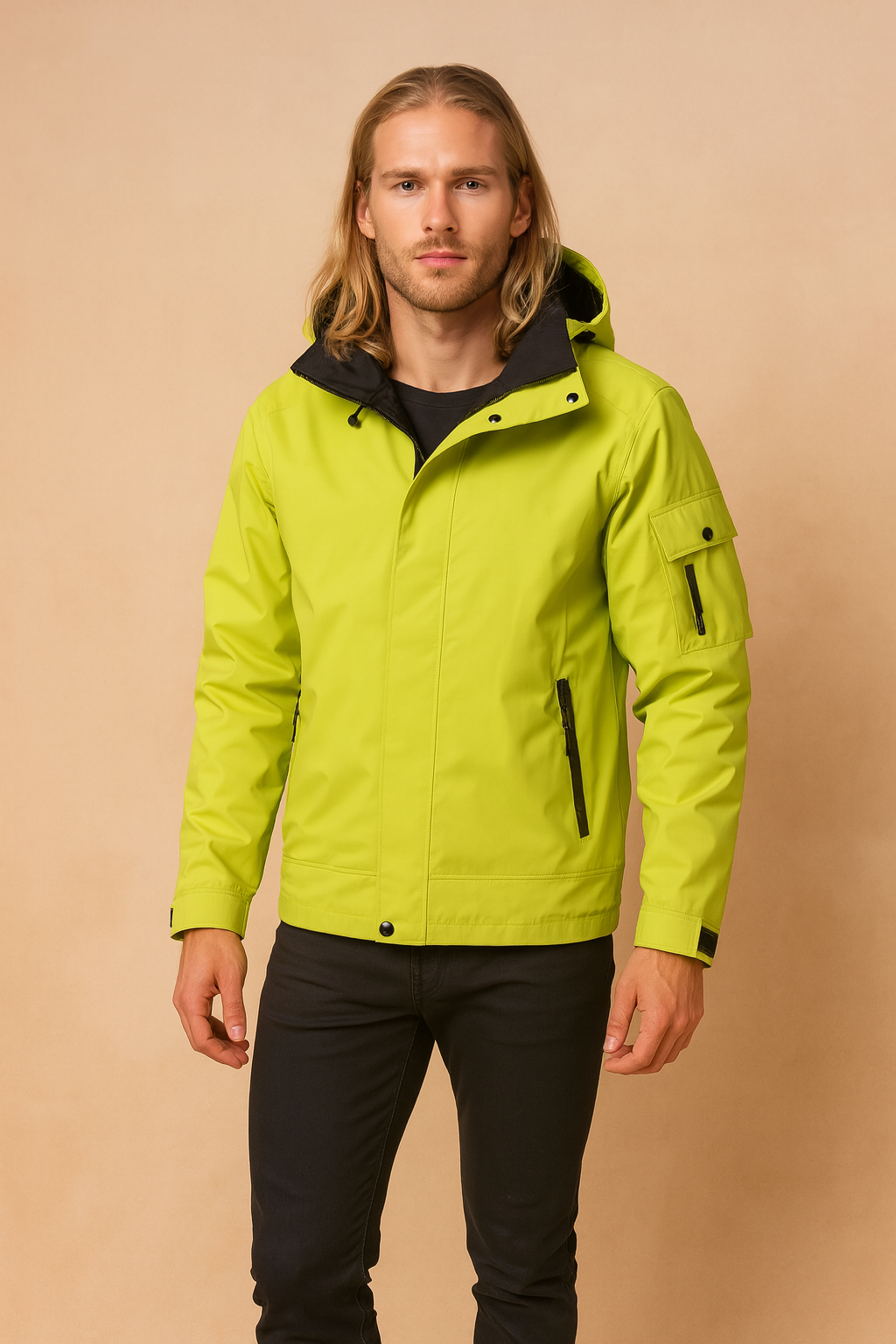 Men's waterproof tactical hooded winter jacket for cold weather outdoor adventures.