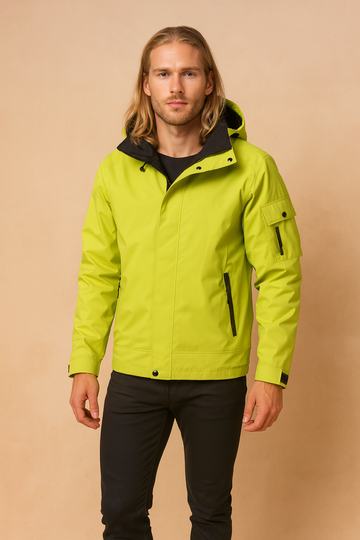 Men's waterproof tactical hooded winter jacket for cold weather outdoor adventures.