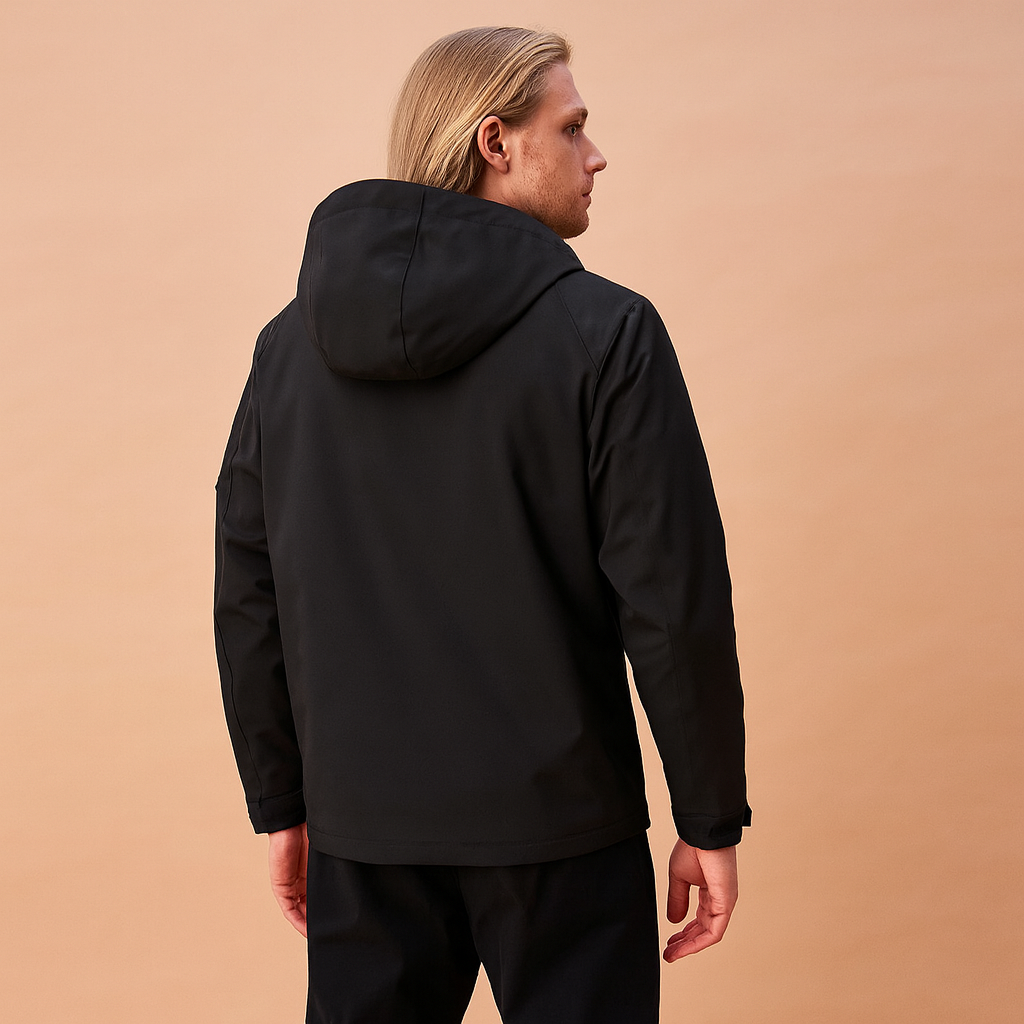 Essential men's outerwear: a waterproof, hooded tactical jacket for winter use.