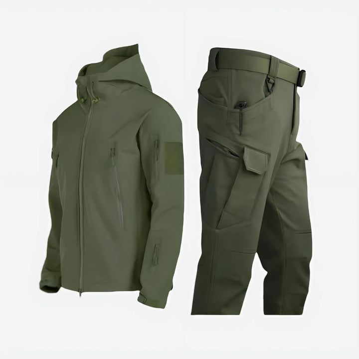Men's thermal insulated jacket & matching waterproof trousers, providing warmth for winter outdoor activities.