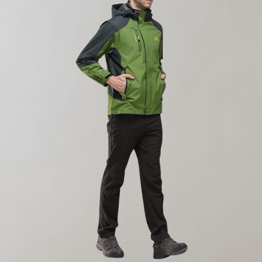 Modern men's waterproof jacket, sleek design for travel, sports & protection from elements.