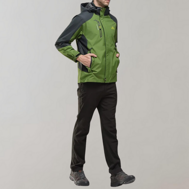 Modern men's waterproof jacket, sleek design for travel, sports & protection from elements.