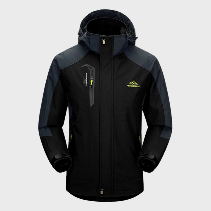 Functional men's all-season wind jacket, waterproof and durable for diverse outdoor use.
