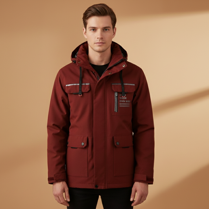 Lightweight men's hiking rain jacket, breathable and windproof for active outdoor adventures.