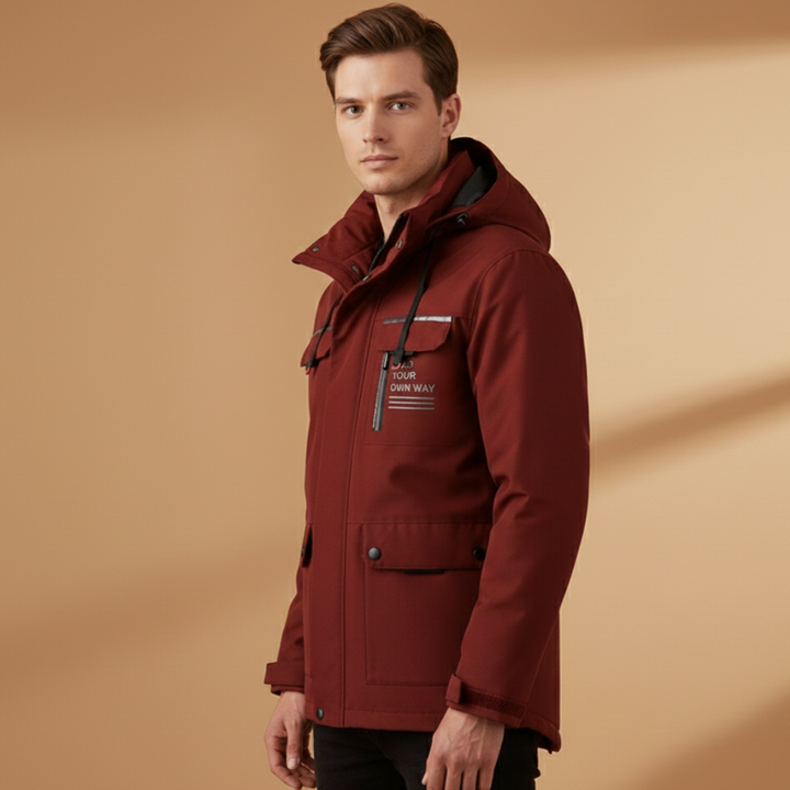 Versatile men's windproof jacket, waterproof and durable for travel, hiking, and activewear.
