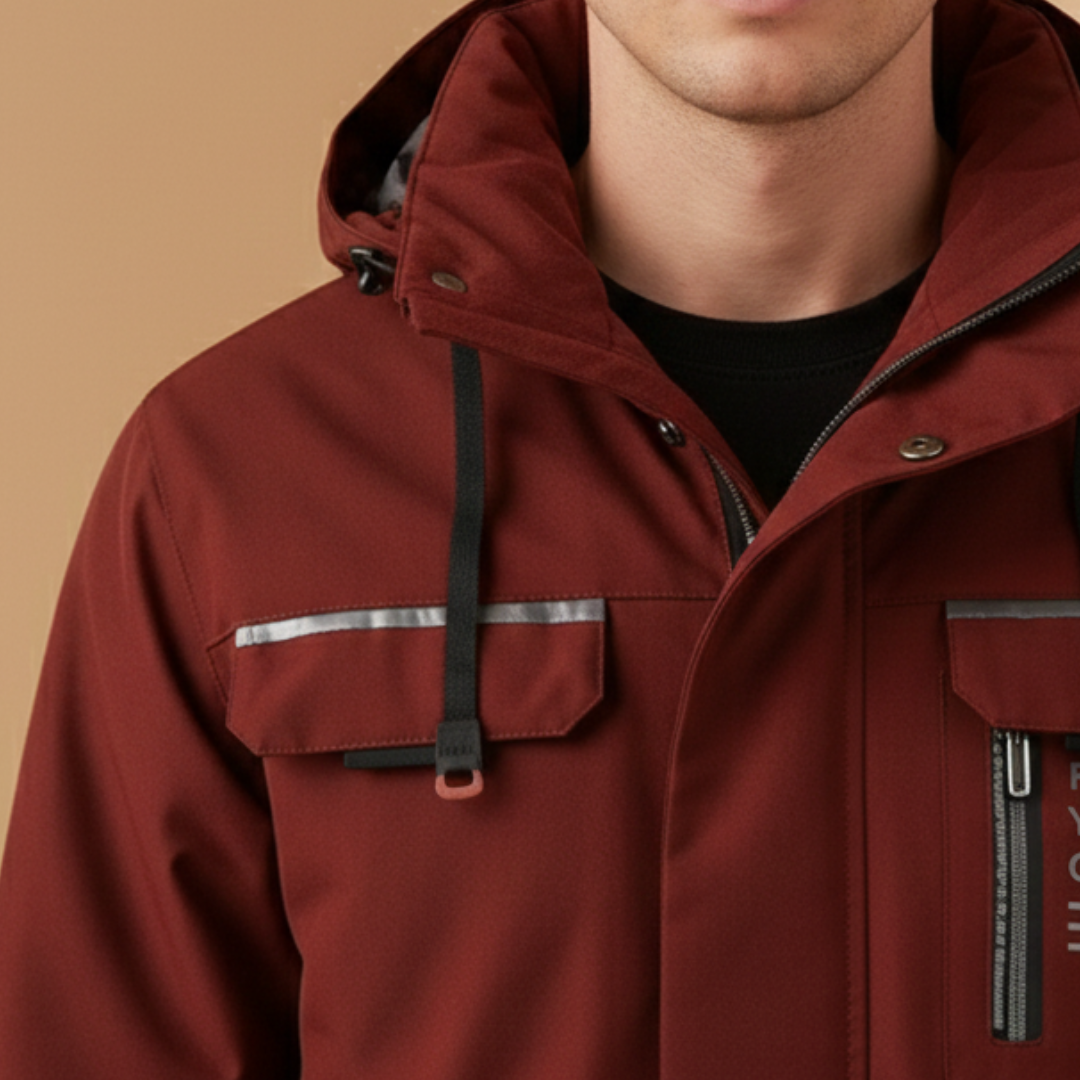 Durable men's waterproof windbreaker, ideal for protection against rain and wind during outdoor activities.