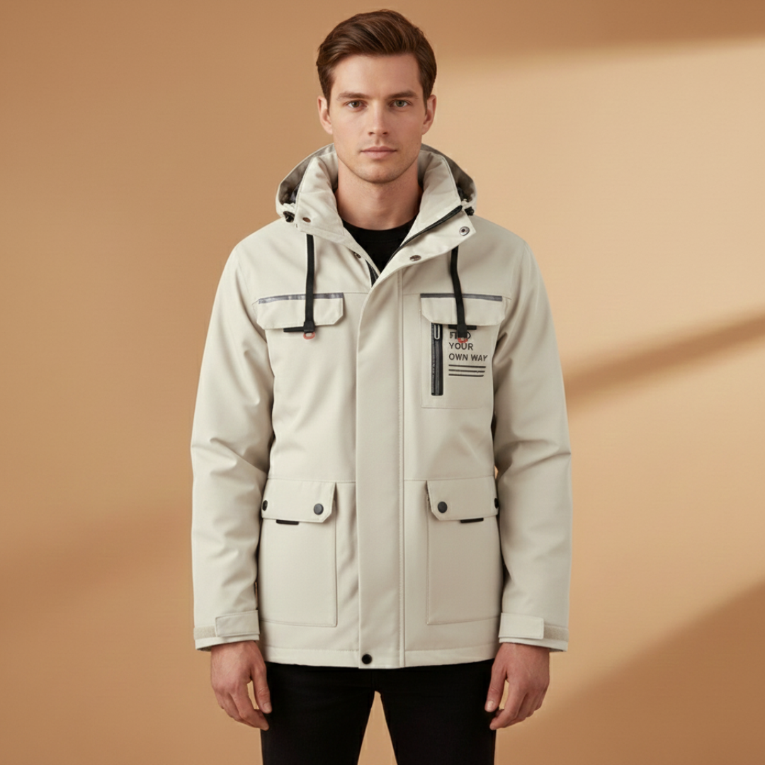 Men's all-weather waterproof windbreaker, breathable & lightweight, ideal for travel and hiking.