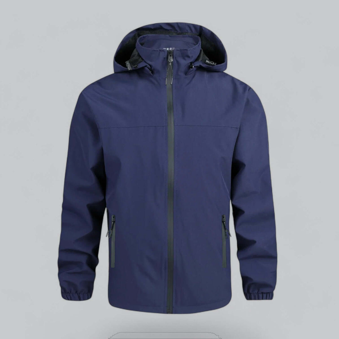 Men's waterproof & windproof jacket with detachable hood for all-weather protection.