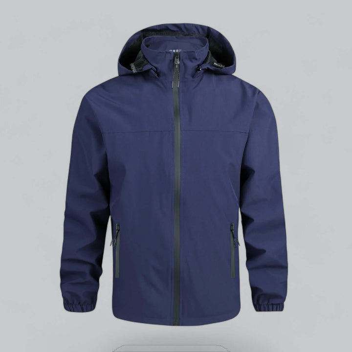 Men's waterproof & windproof jacket with detachable hood for all-weather protection.
