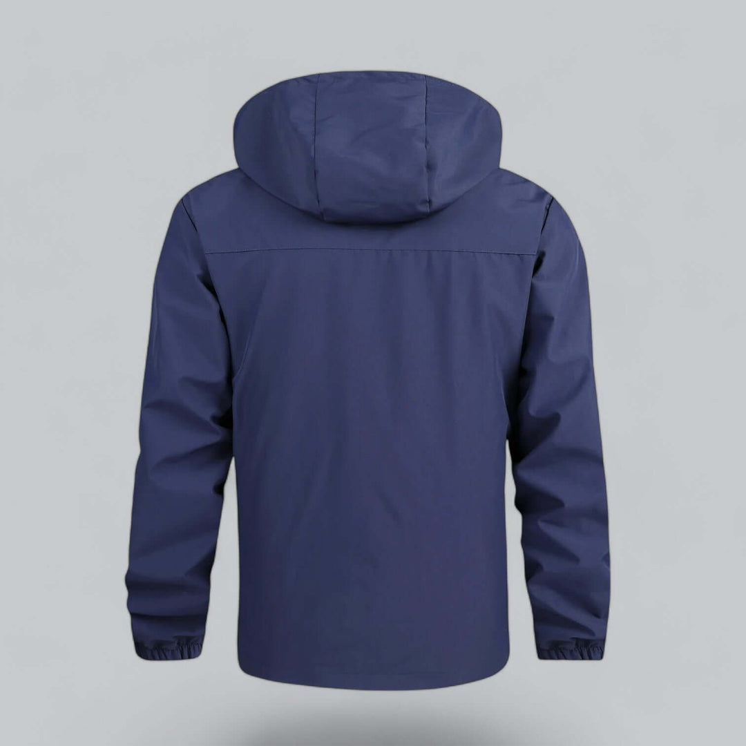 Stylish navy blue men's waterproof jacket. Windproof outerwear with a detachable hood for casual wear.
