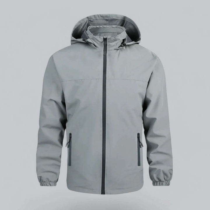 Black men's waterproof jacket with a detachable hood. Windproof outerwear for casual or active use.