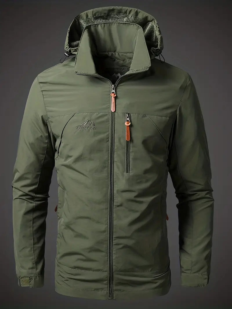 Men's waterproof & windproof rain jacket with hood, ideal for outdoor hiking & travel gear.