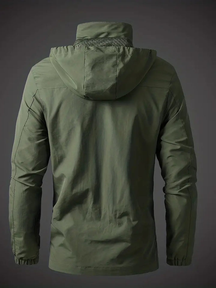 Lightweight men's hooded hiking jacket, waterproof & breathable for active outdoor adventures.