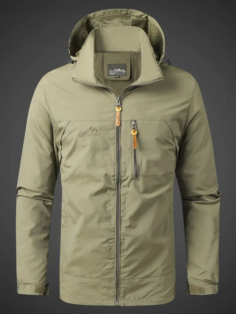 Stylish men's hooded waterproof jacket, lightweight & breathable, great for urban or trail.