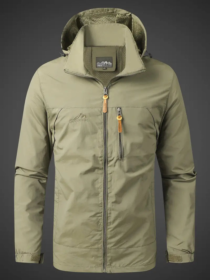 Stylish men's hooded waterproof jacket, lightweight & breathable, great for urban or trail.