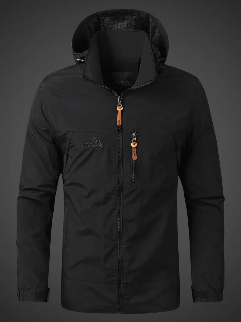 Protective men's hooded waterproof rain jacket, windproof for hiking, travel & outdoor activities.