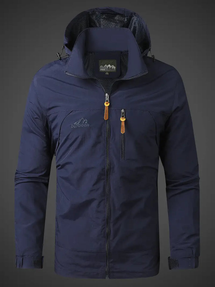 Packable men's lightweight hooded rain jacket, waterproof windbreaker for travel & outdoor sports.