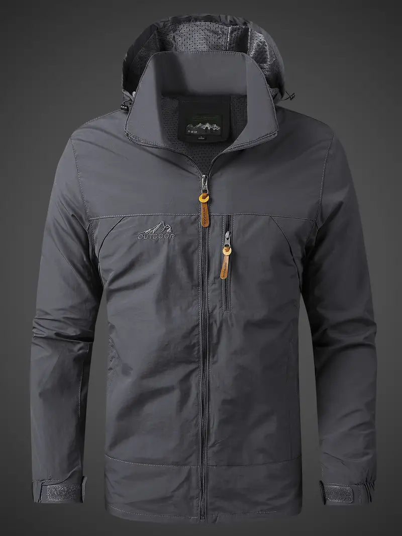 High-performance men's waterproof outdoor jacket with hood, windproof for active rainy adventures.