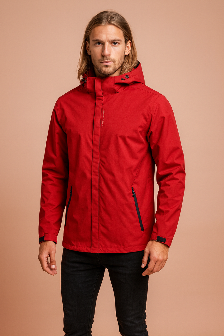 Men's waterproof winter jacket with a hood, ideal for outdoor adventures & cold weather trekking.