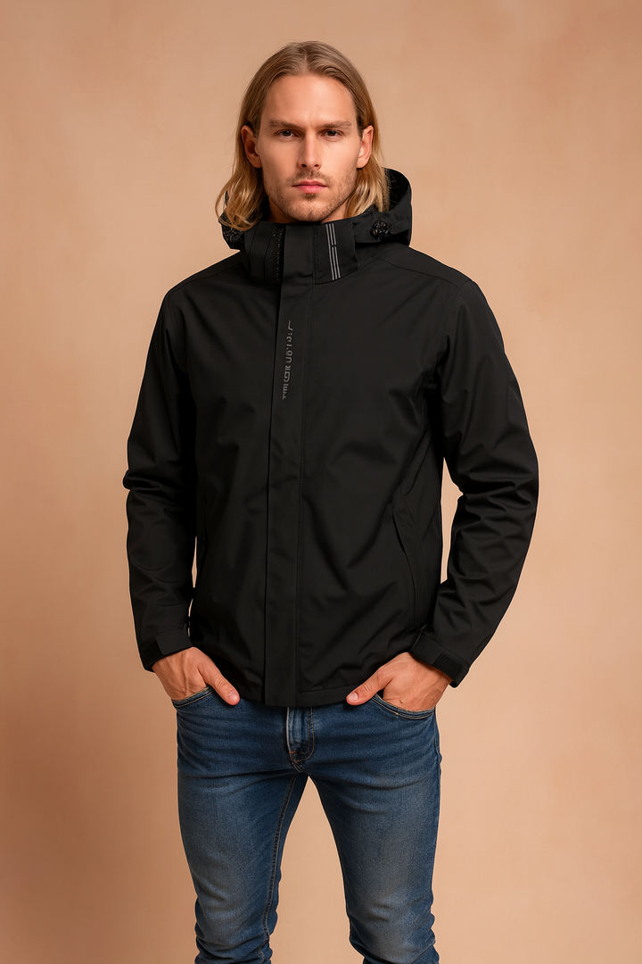 Durable men's hooded waterproof jacket for hiking, trekking & active outdoor winter sports.