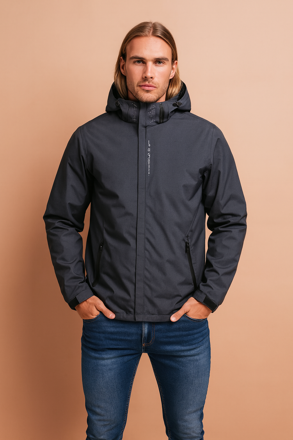 Weatherproof men's winter rain jacket with adjustable hood, ultimate protection for outdoor adventures.