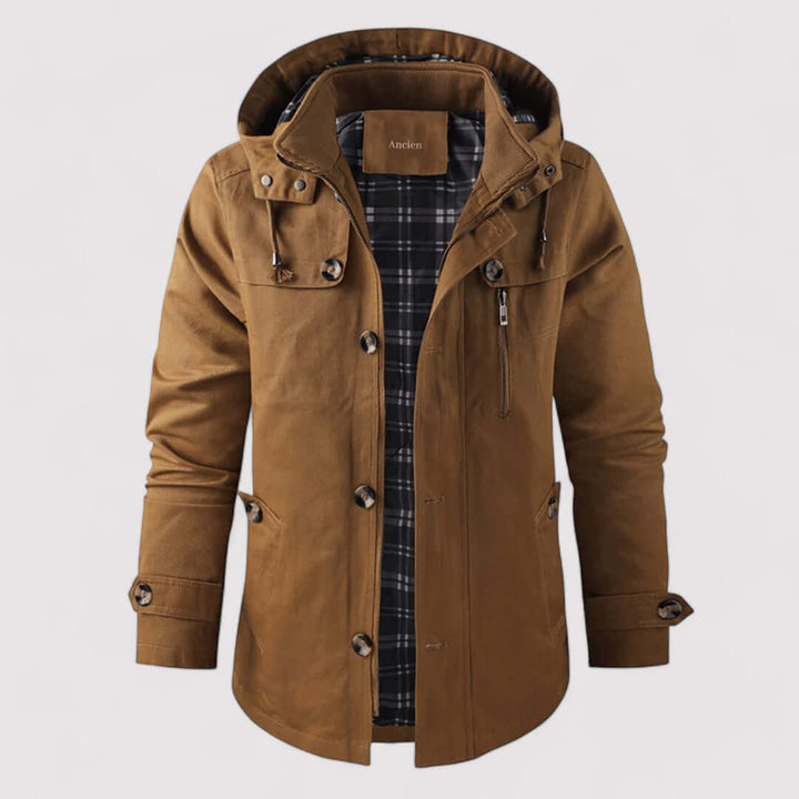 Men's waterproof winter jacket with hood, ideal for cold weather. Warm, insulated, and stylish outerwear.
