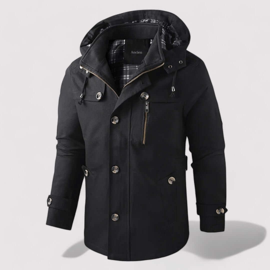 All-weather men's waterproof winter jacket with an insulated hood. Warm outerwear for extreme cold.