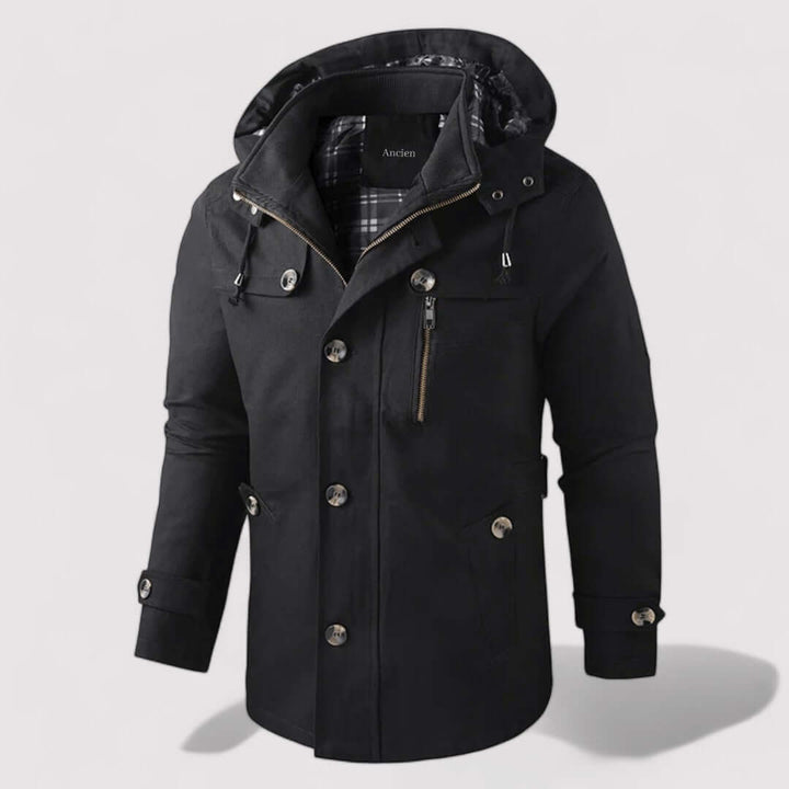 All-weather men's waterproof winter jacket with an insulated hood. Warm outerwear for extreme cold.
