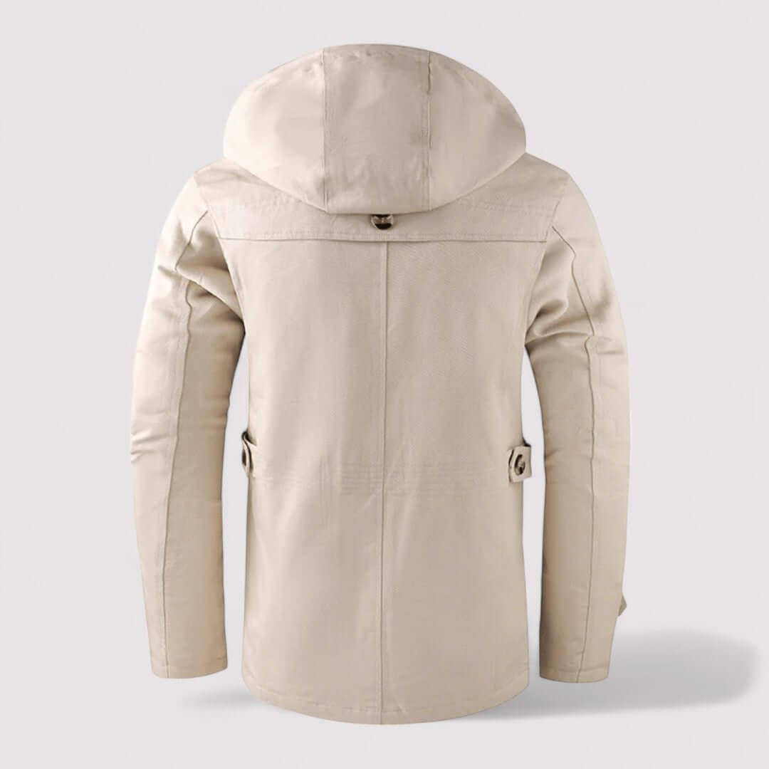 Warm men's waterproof winter jacket with hood. Essential outerwear for cold weather & casual style.