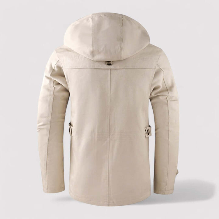 Warm men's waterproof winter jacket with hood. Essential outerwear for cold weather & casual style.