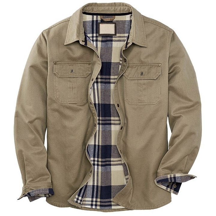 Warm brown waxed cotton bomber jacket for men with plaid flannel interior