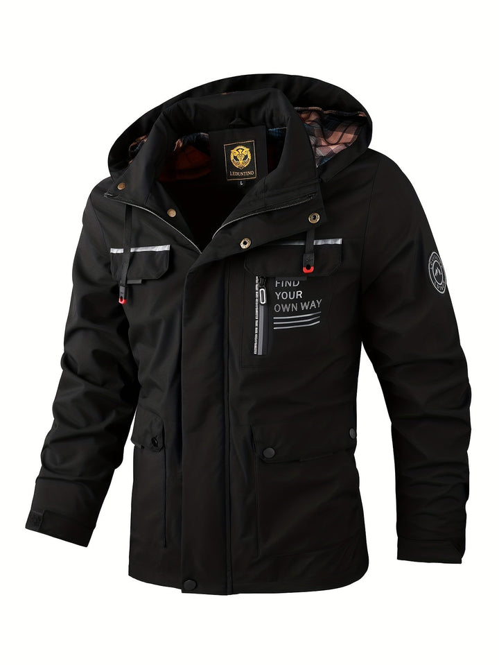 Men's weatherproof outdoor jacket for all seasons, ideal for hiking & activewear.