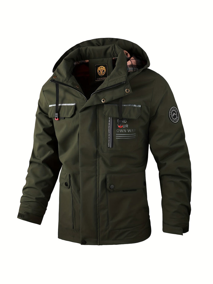 Stylish men's all-season jacket, weatherproof activewear for comfort & protection.