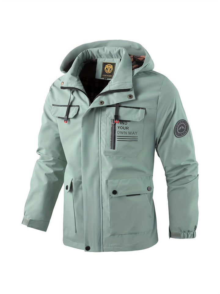 High-performance men's rain jacket, windproof outer layer for harsh weather conditions.