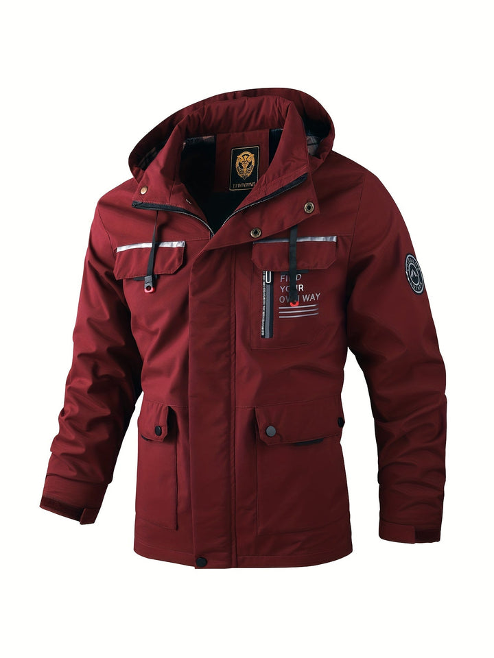 Men's fashion weatherproof jacket, a hooded winter coat for protection & style.