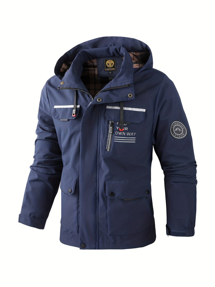 Lightweight men's weatherproof jacket, all-season protection for hiking & travel.