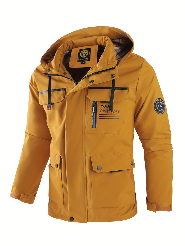 Functional men's hooded outdoor jacket, durable rain jacket for various activities.