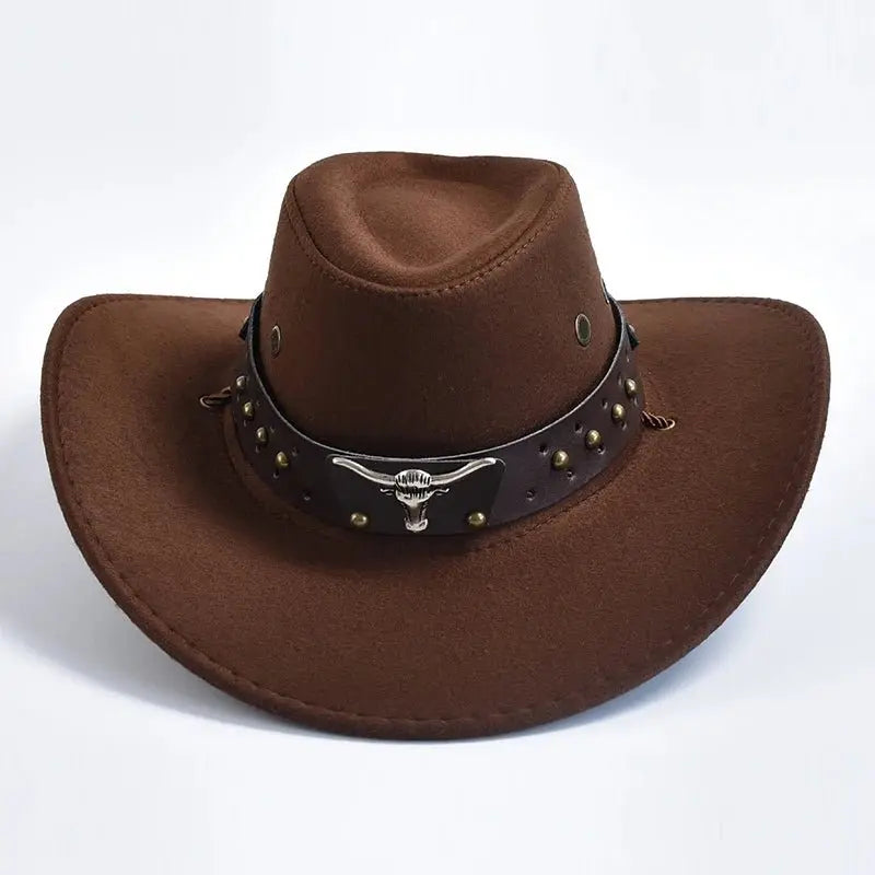 Men's western cowboy hat with studded band, bull emblem. Wide brim. Rugged outdoor style.