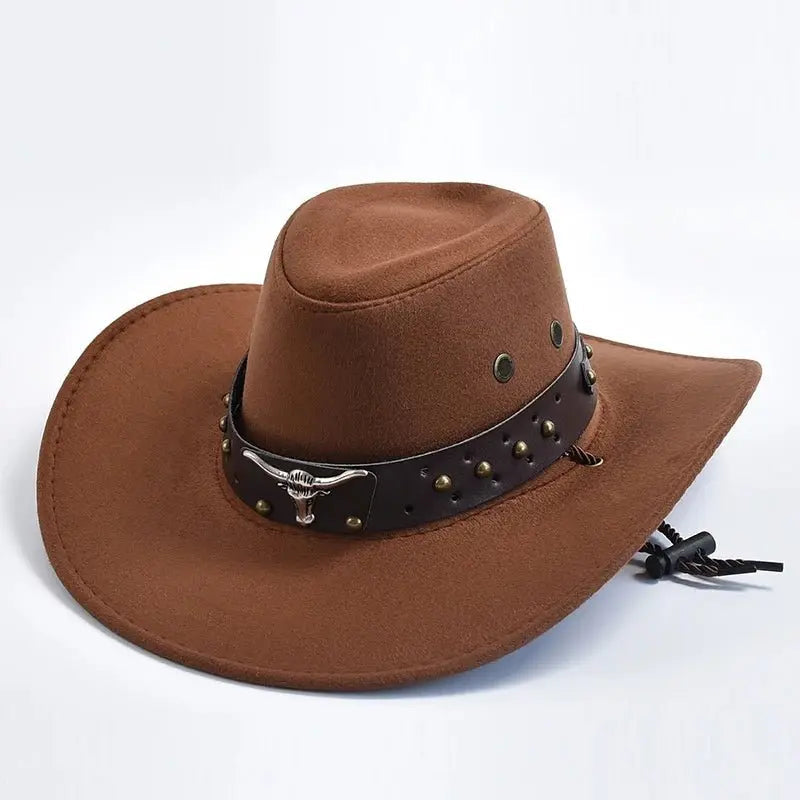 Classic men's western cowboy hat, wide brim, durable. Features studded band & bold bull emblem.