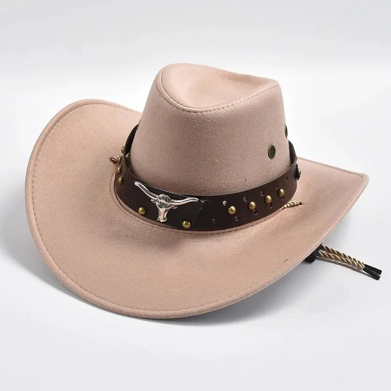 Rugged men's outdoor western cowboy hat, wide brim, adventure-ready. Studded band & bull emblem detail.