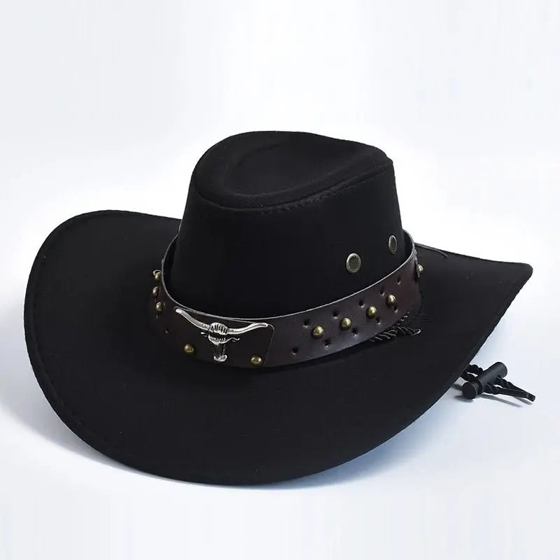 Stylish men's western cowboy hat, wide brim for sun. Prominent studded band & bull emblem.
