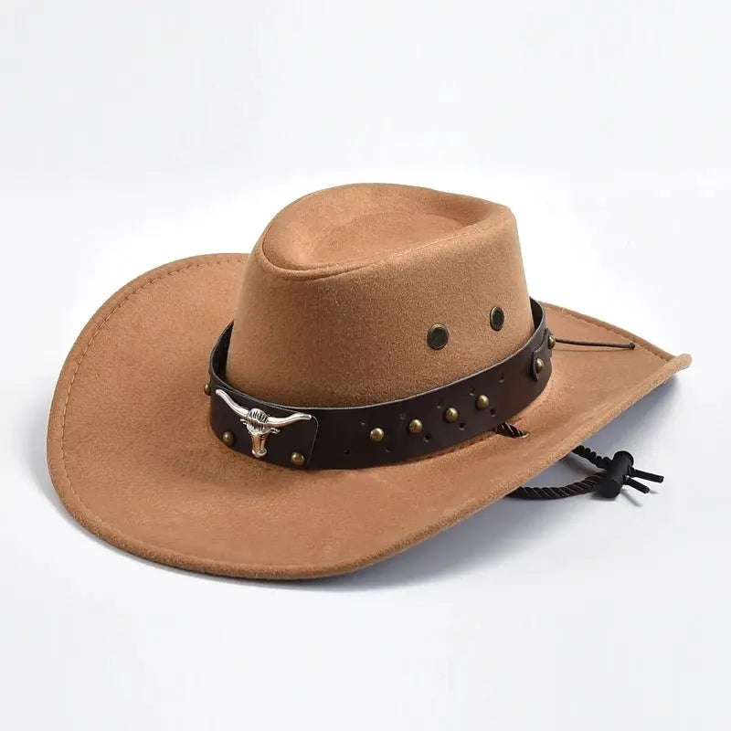 Men's western cowboy hat with wide brim, studded band, bull emblem. Perfect for outdoor adventures.