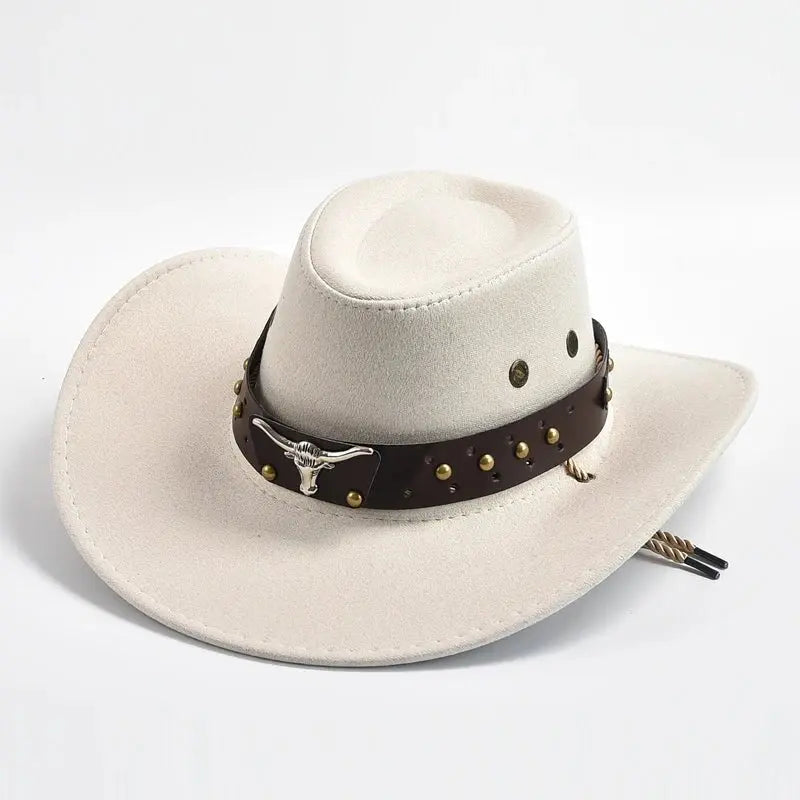 Distinctive men's western cowboy hat with bull emblem & studded band. Wide brim, rugged outdoor look.