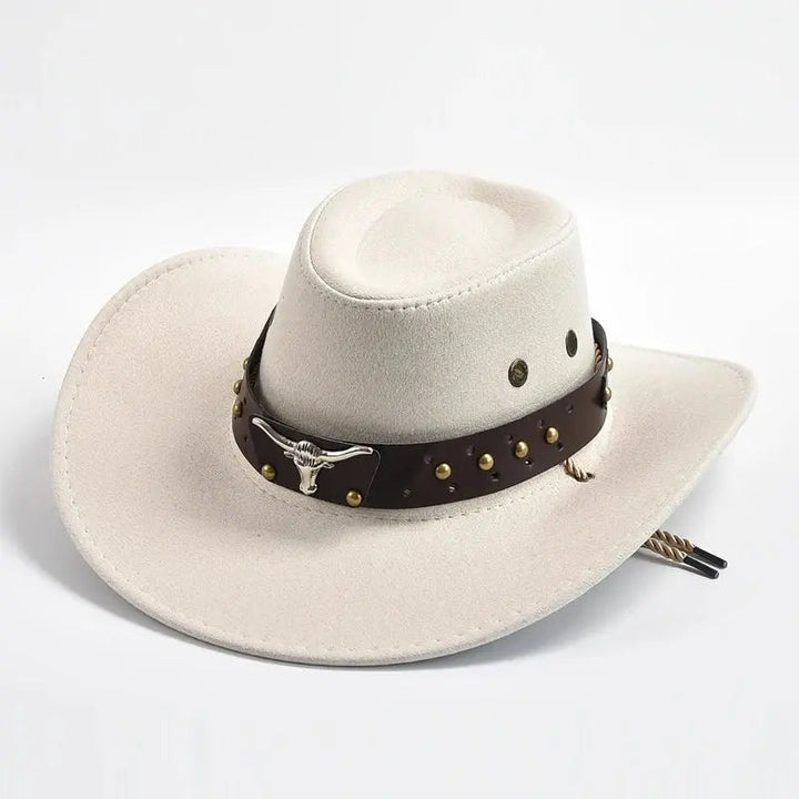 Distinctive men's western cowboy hat with bull emblem & studded band. Wide brim, rugged outdoor look.