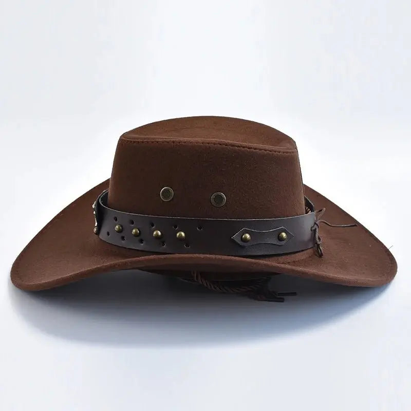 Men's western style cowboy hat. Wide brim, comfortable, with a studded band and unique bull emblem.