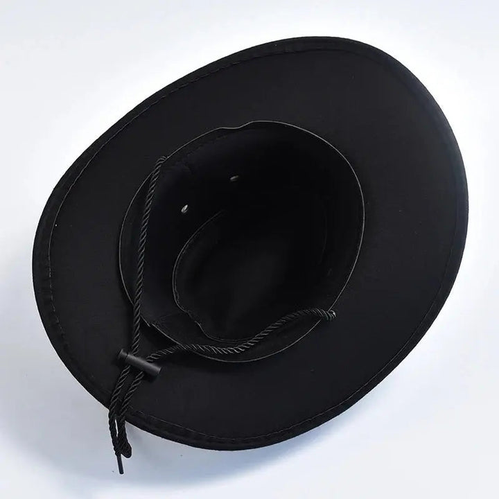 Adventure men's western cowboy hat. Wide brim, studded band, bull emblem for rugged outdoor style.