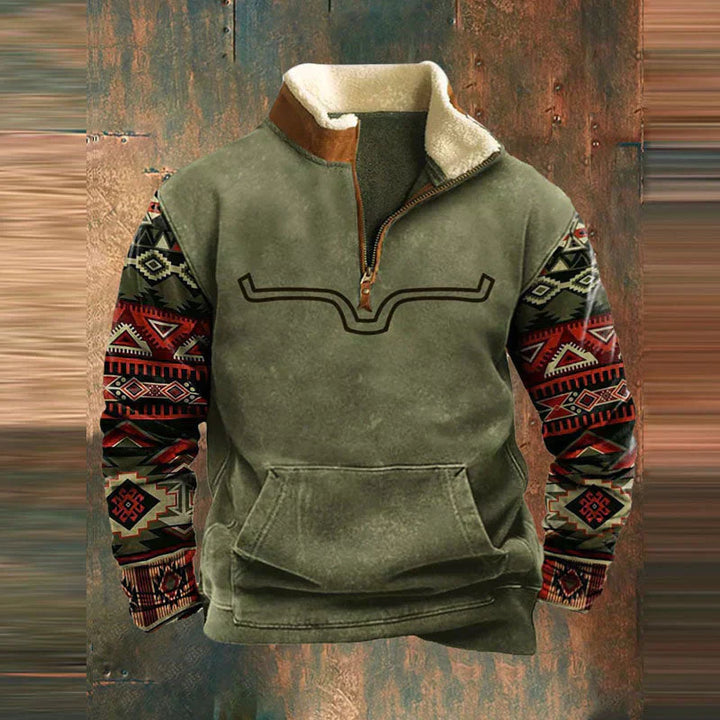 Men's western fleece quarter-zip pullover with graphic print, perfect for cozy winter fashion.