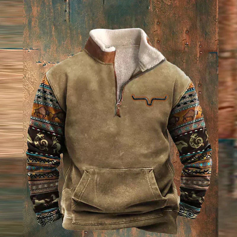 Casual men's wear: a comfortable western pullover with sherpa collar, ideal for layering.
