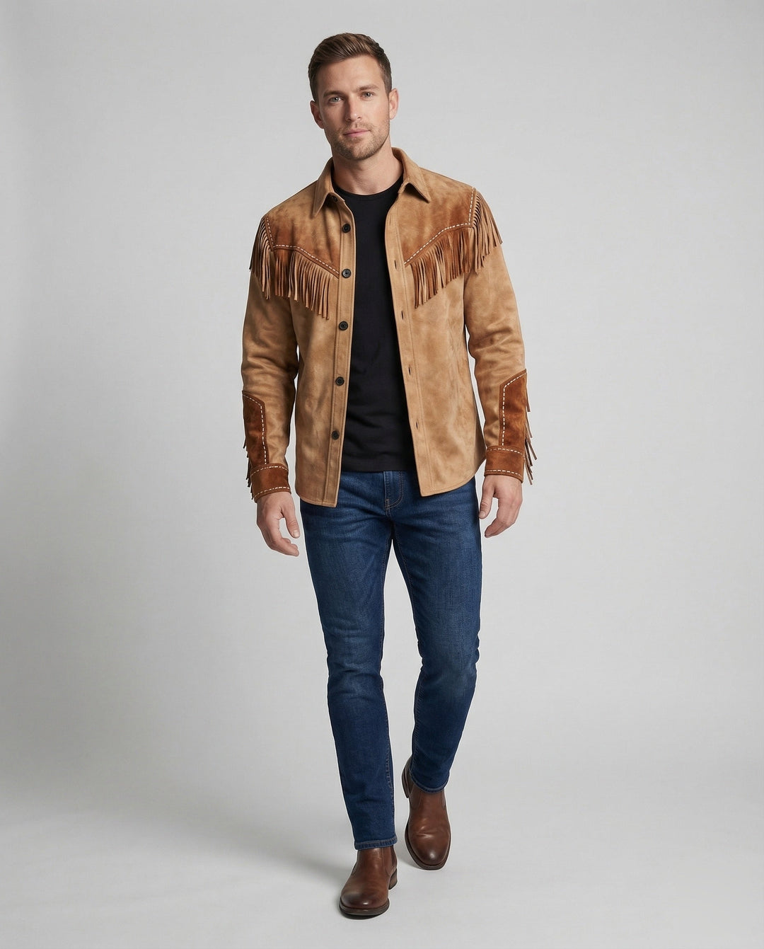 Men's western shirt with intricate embroidery and stylish fringe detail.