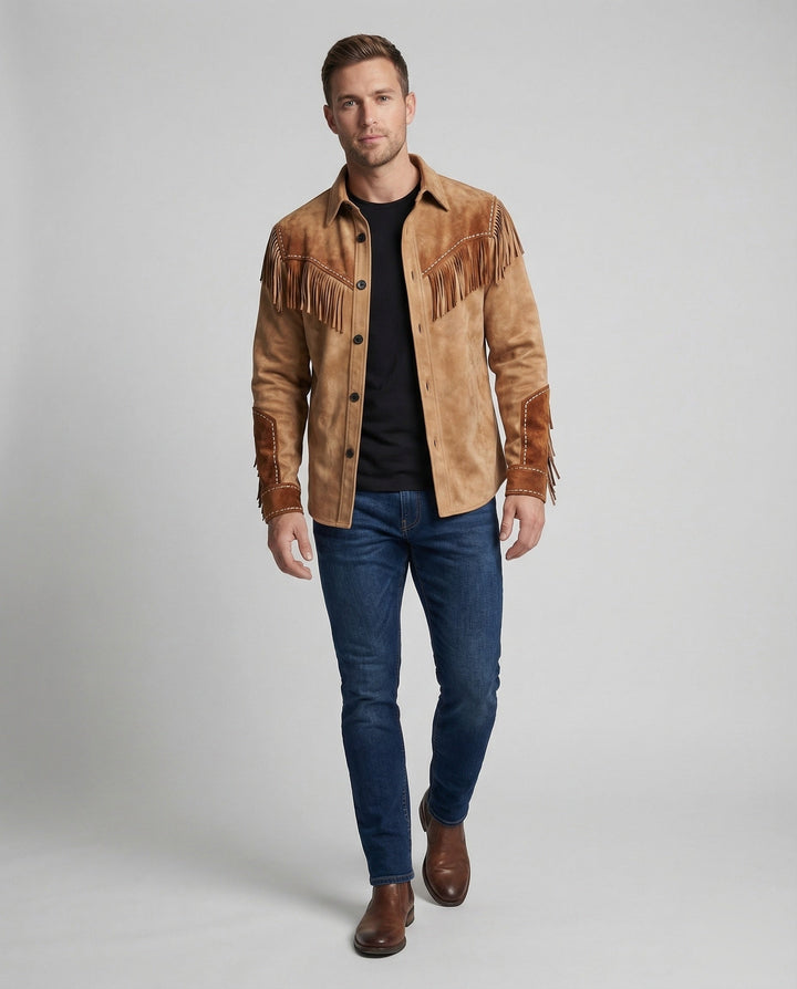 Men's western shirt with intricate embroidery and stylish fringe detail.